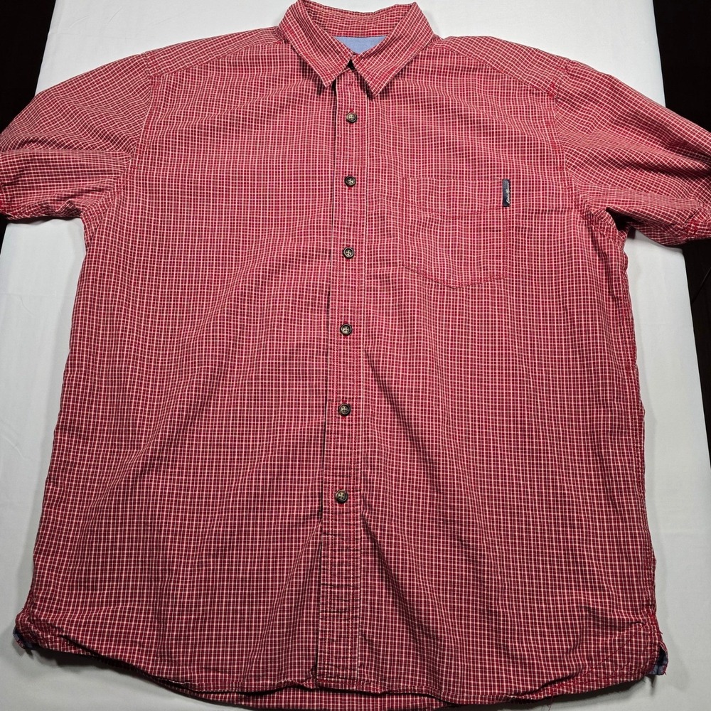 Vintage Y2K Eddie Bauer Men Short Sleeve Button Down Shirt Red White Check Large